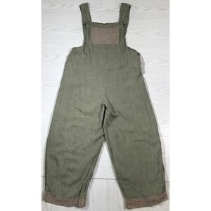 Vintage Linen Overalls Women L Green Aly Wear Crop Lagenlook Wide Leg Hippie 90s